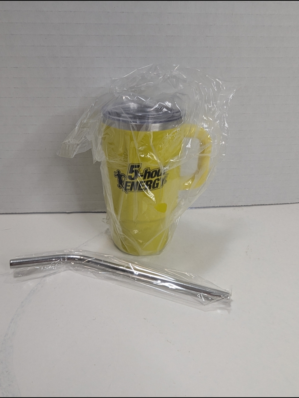 5-Hour Energy Mini Tumbler Shot Glass Cup Handle Stainless Steel Straw Yellow